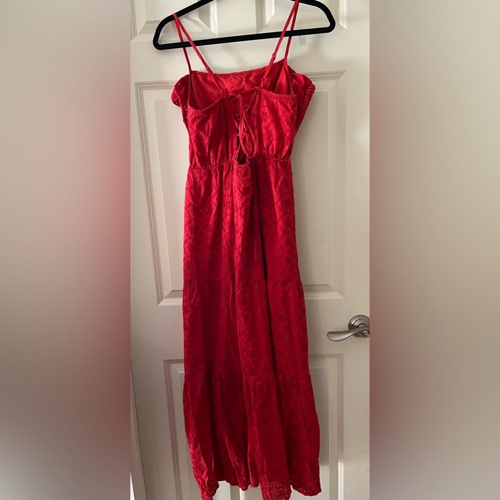 Women’s ASOS Cotton Red Maxi Dress Tiered Cami Eyelet Sundress Lined size 4 - Picture 3 of 10
